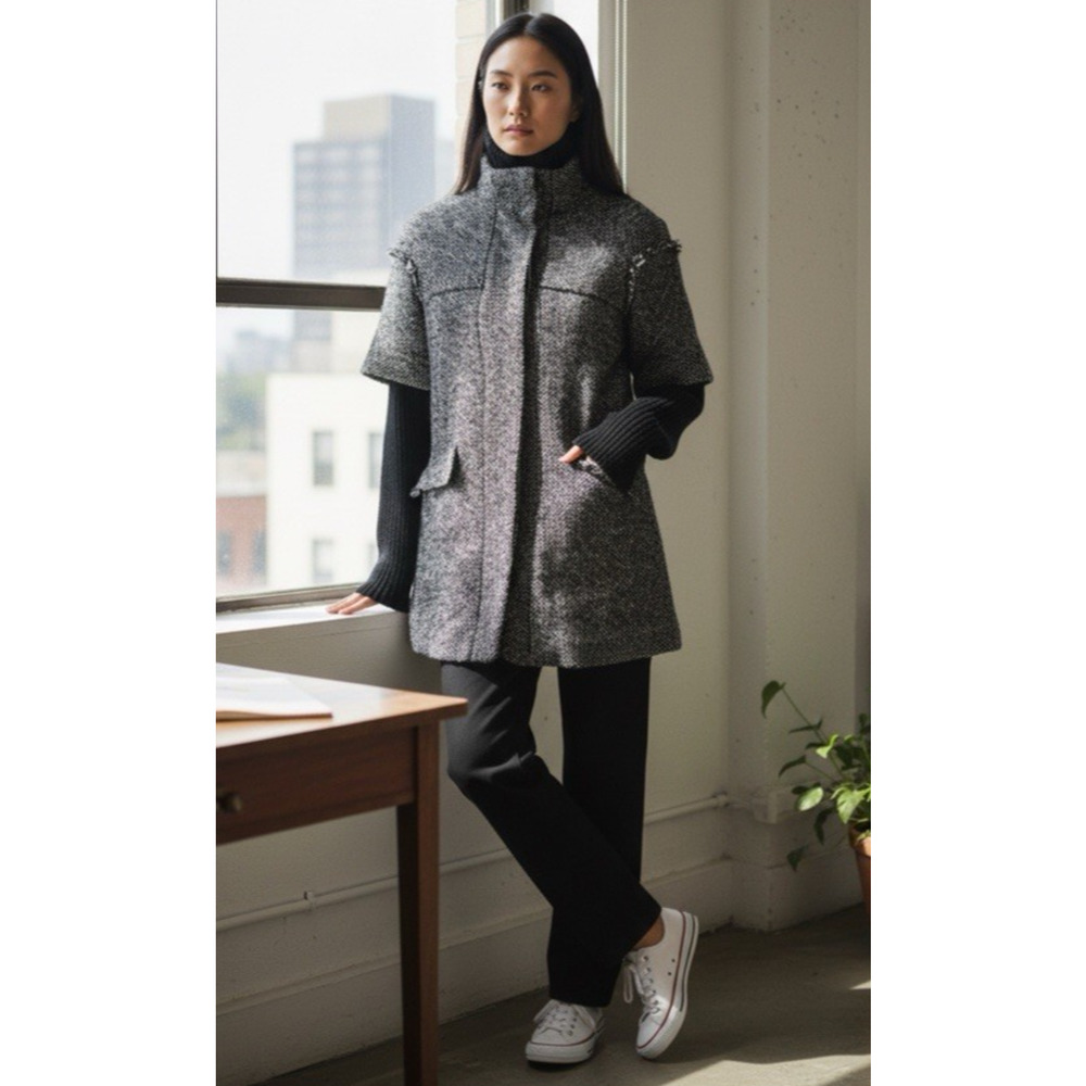 Zara Basic Textured Tweed Layered Full Zip Jacket Black Marled Knit Small H12038 - Picture 1 of 13